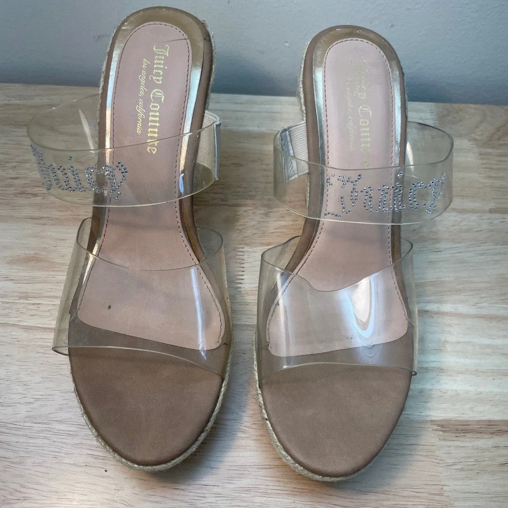 Juicy Couture‎ Cristene Clear Rhinestone Logo Espadrille Wedge Sandals Tan 9.5